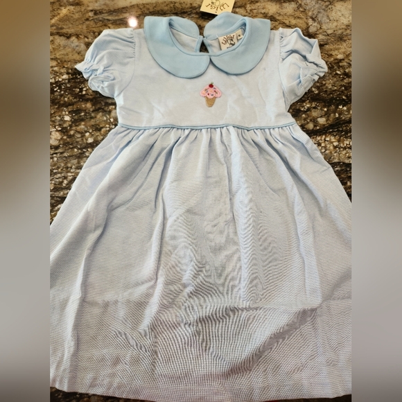 luigi kids Other - Blue and White Casual Dress with Puff Sleeves and Peter Pan Collar